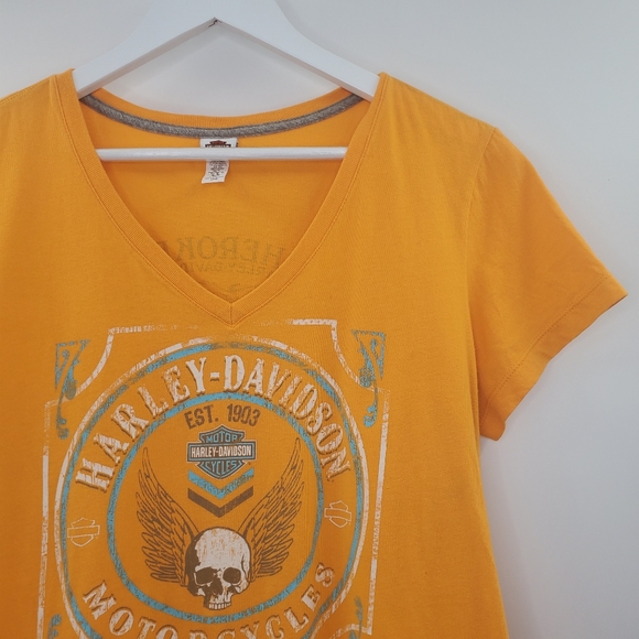 Harley-Davidson Tangerine Orange V Neck Cherokee NC Skull Graphic Tee Shirt - Picture 3 of 7